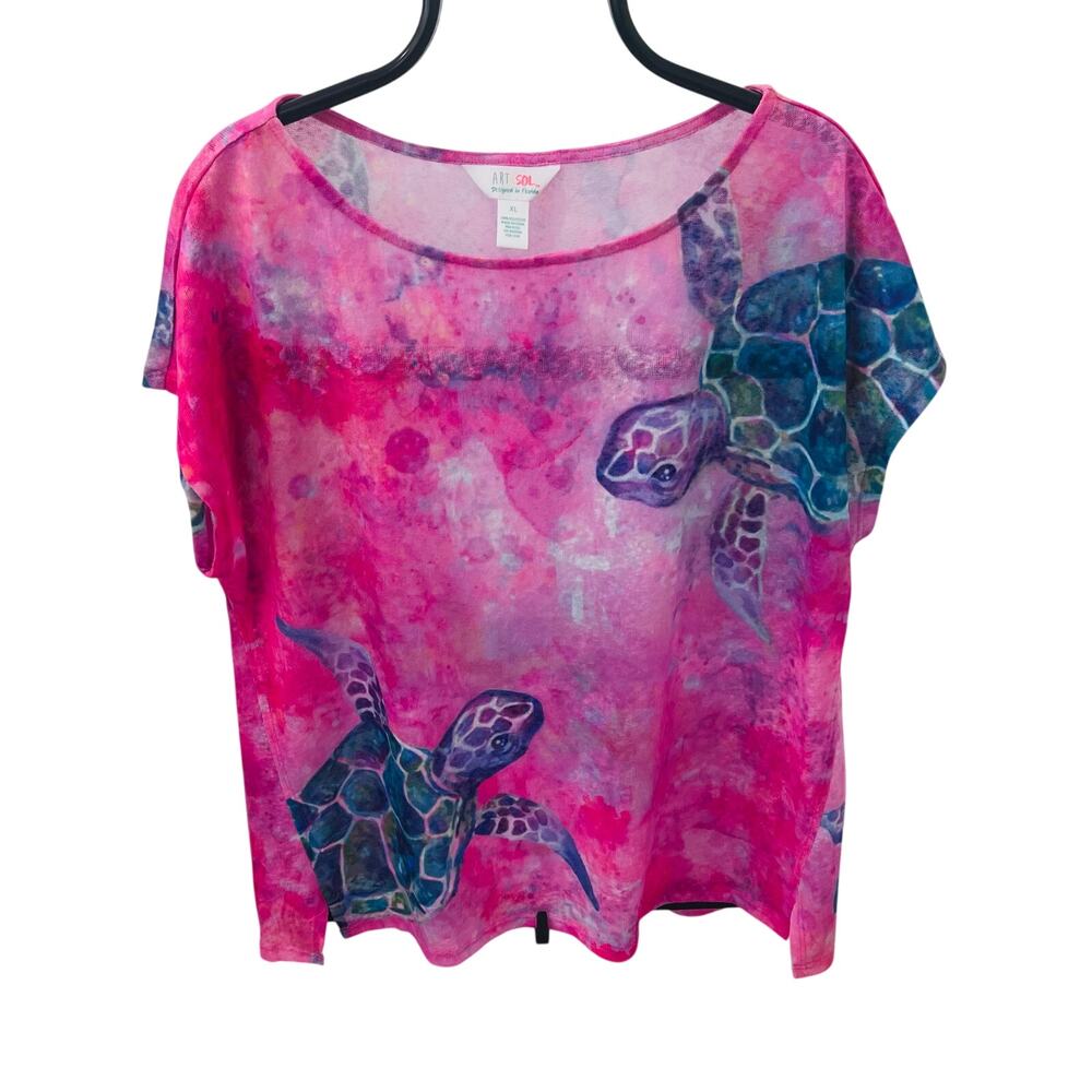 Art Sol Women's XL Pink Sea Turtle Graphic Top Watercolor Dolman Art to Wear